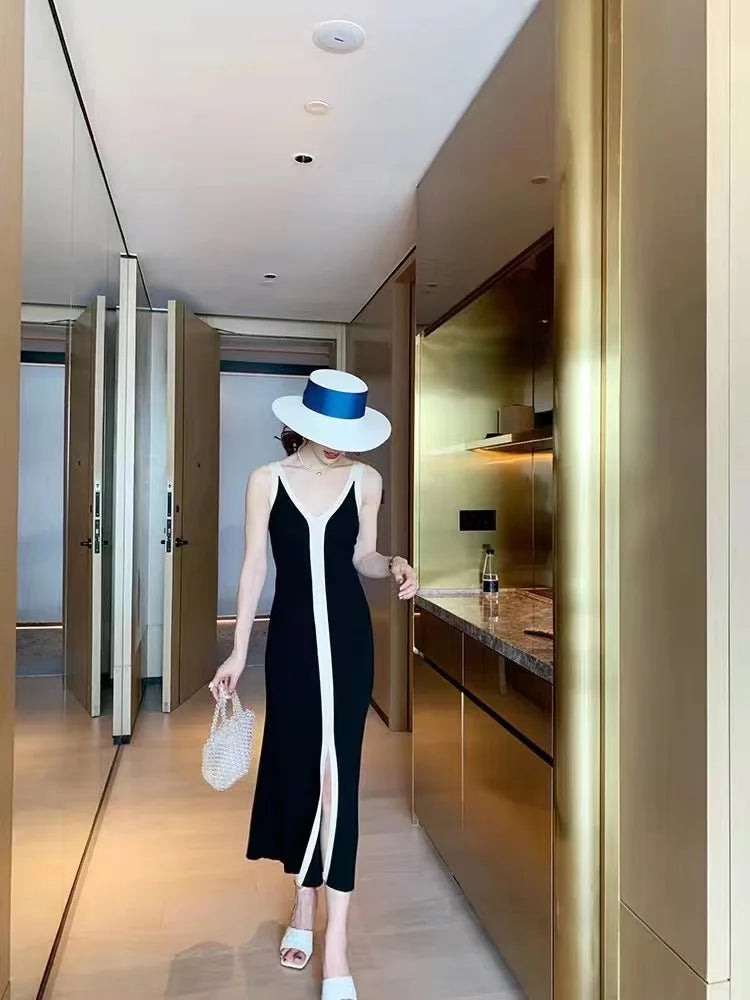 Fashion Women V-neck Maxi Dress Sexy Sling Sleeveless Dresses Knitted Long Dress Women Sweater Female