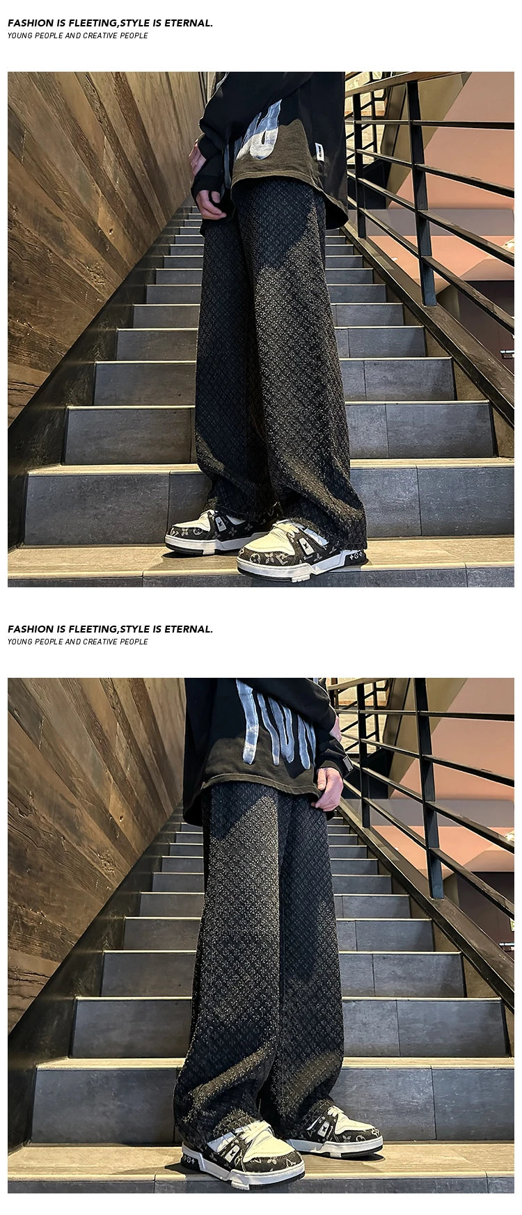 2024 Jeans men Fashion hombre Jacquard Pattern Denim Pants Male Straight Fitting Baggy Bottoms Distressed Wide Jeans For Men