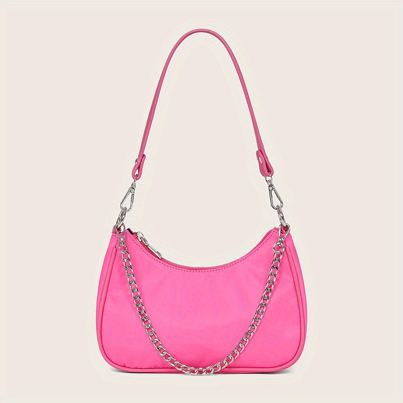 Y2K Chic Chain Baguette Bag - Stylish Nylon Shoulder Purse - Durable & Versatile for Everyday Fashion - Solid Colors for the Fashion-Forward Woman