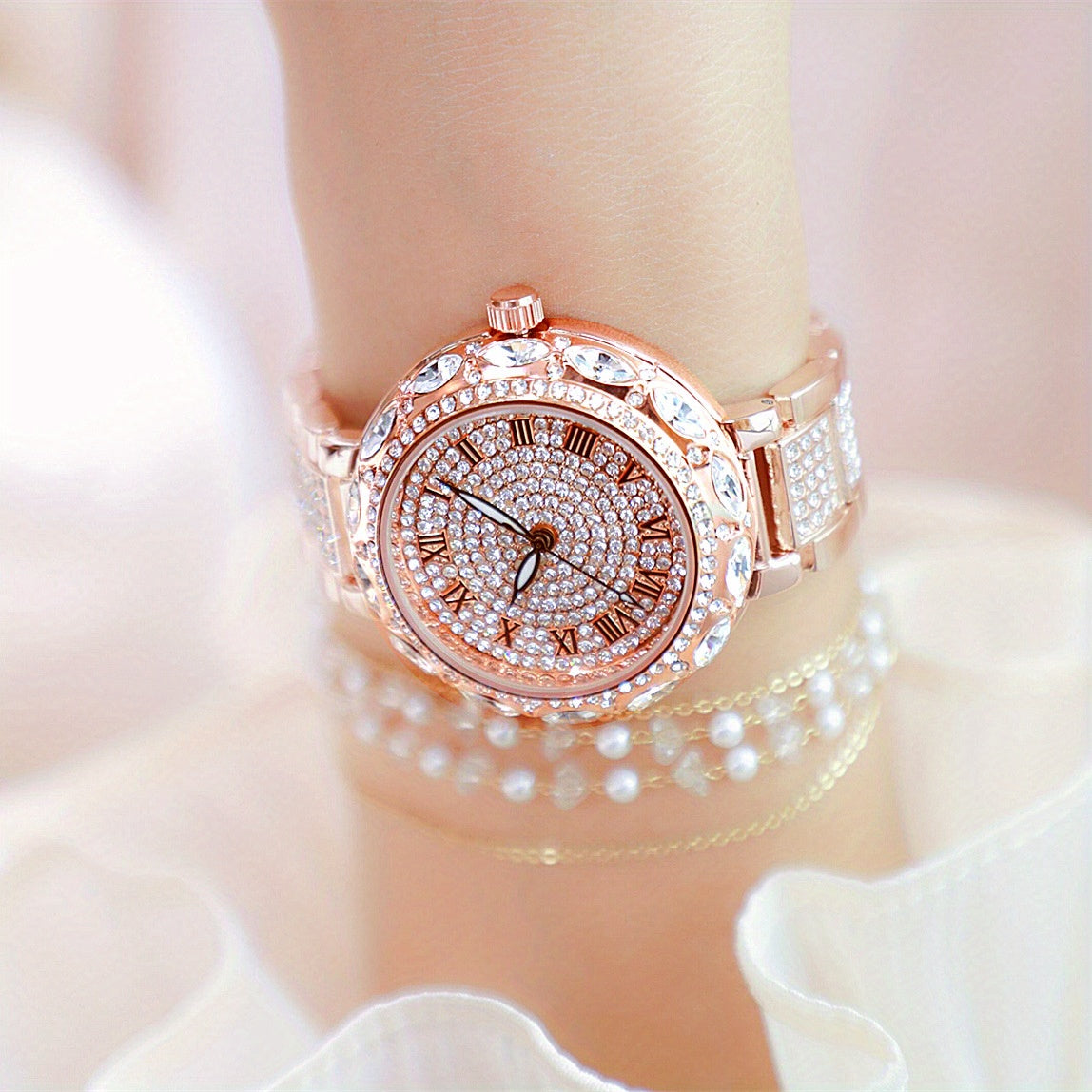 Radiant Quartz Womens Bracelet Watch - Sparkling Rhinestone Inlaid, Roman Numeral Dial, Elegant & Chic Design for Fashion-Forward Ladies