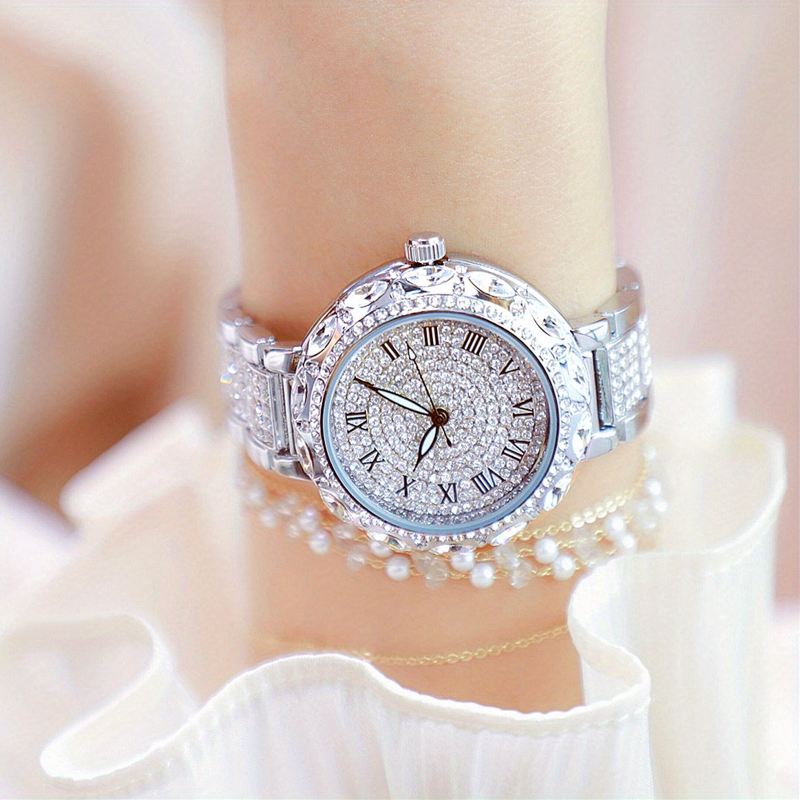 Radiant Quartz Womens Bracelet Watch - Sparkling Rhinestone Inlaid, Roman Numeral Dial, Elegant & Chic Design for Fashion-Forward Ladies