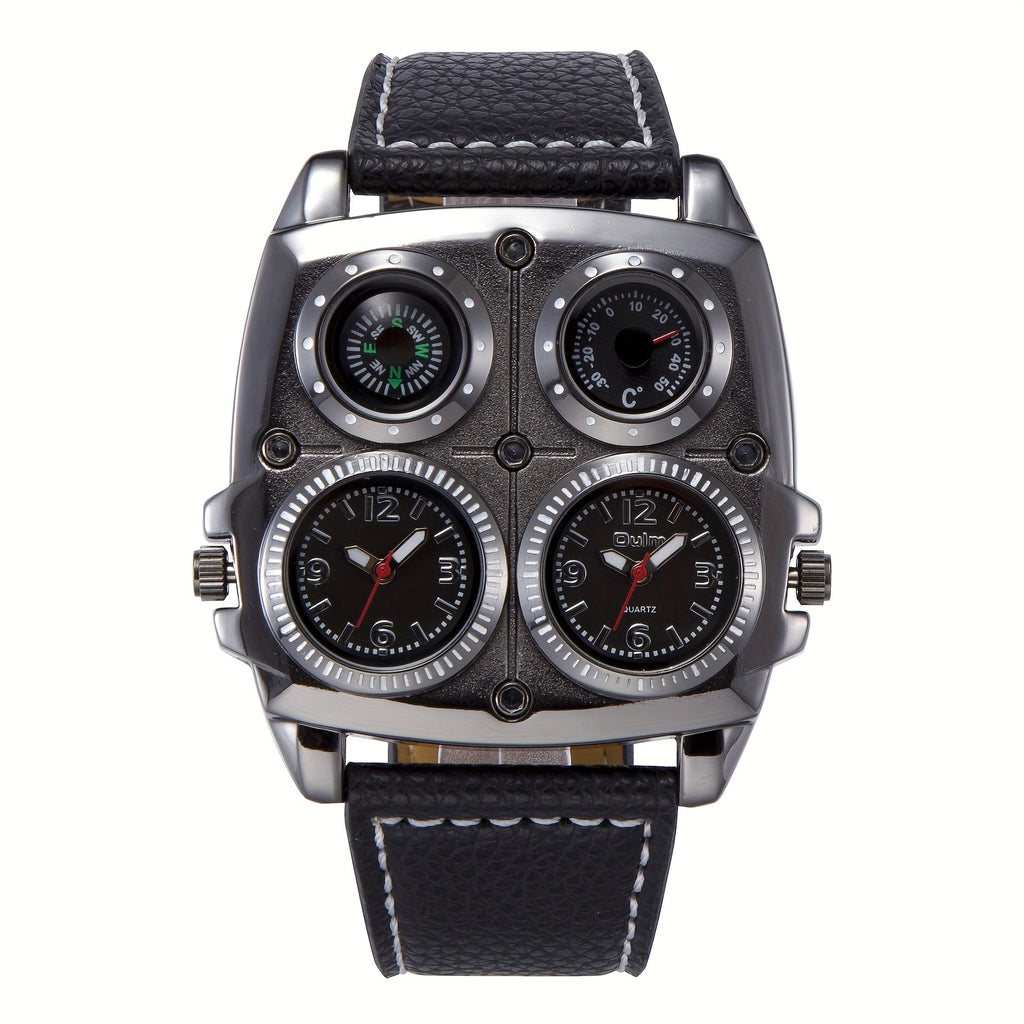 Oulm Large Dial Fashion Casual Men's Watch, Men's Sports Watch Dual Time Zone Compass Thermometer Men's Quartz Watch, Ideal choice for Gifts