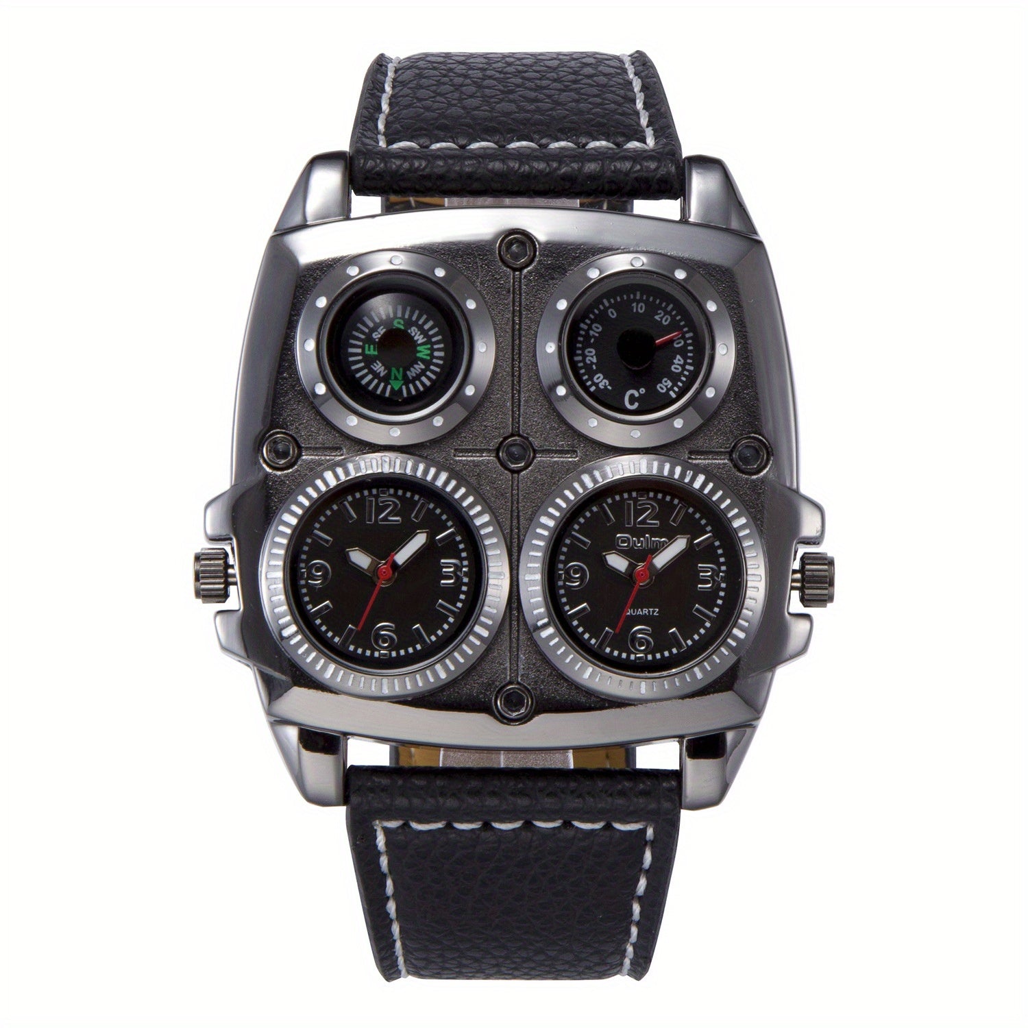 Oulm Large Dial Fashion Casual Men's Watch, Men's Sports Watch Dual Time Zone Compass Thermometer Men's Quartz Watch, Ideal choice for Gifts