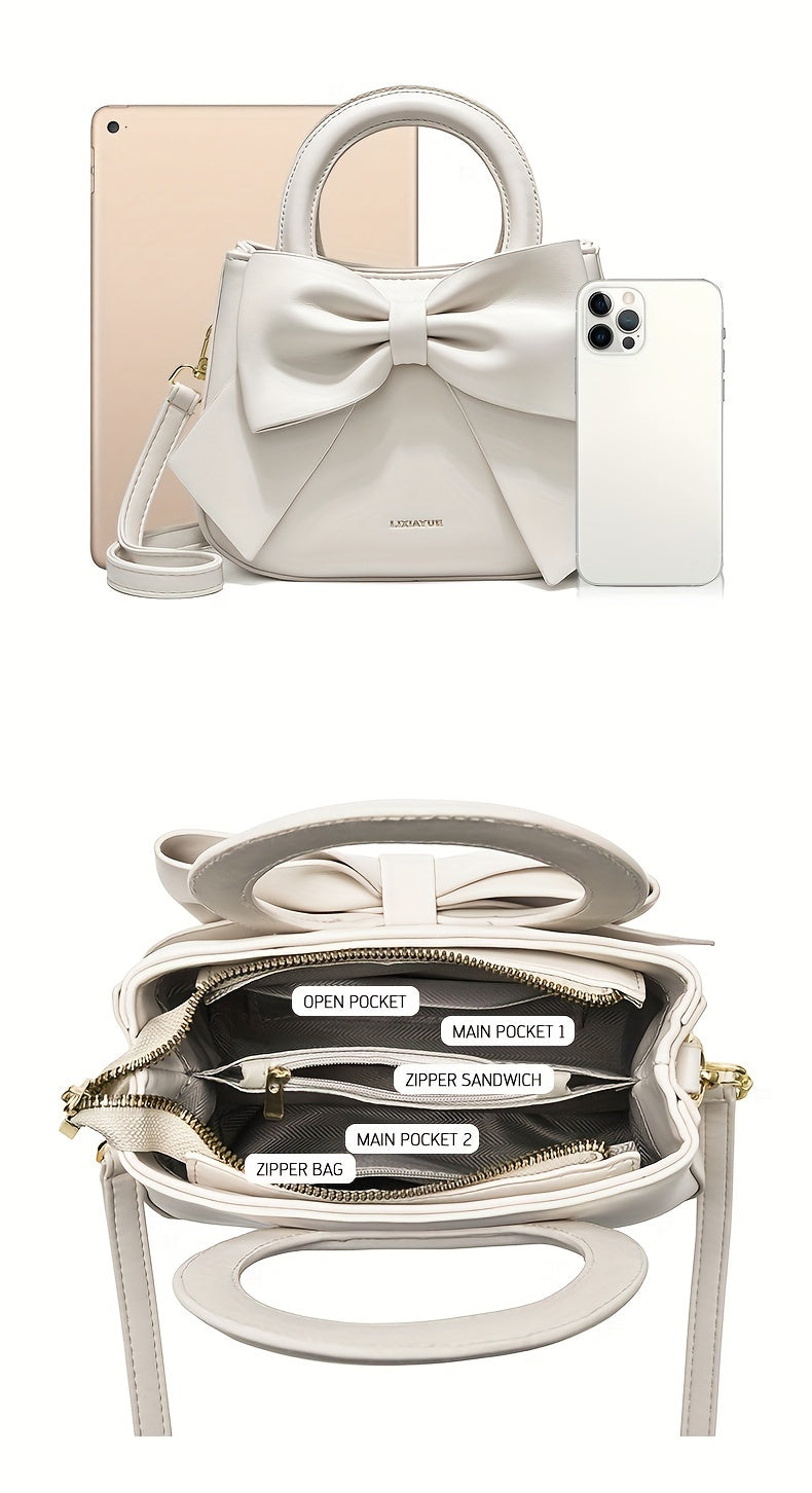 Chic Bow Accent Handbag - Durable Faux Leather, Dual Handle & Crossbody - Stylish Womens Purse for Everyday Fashion