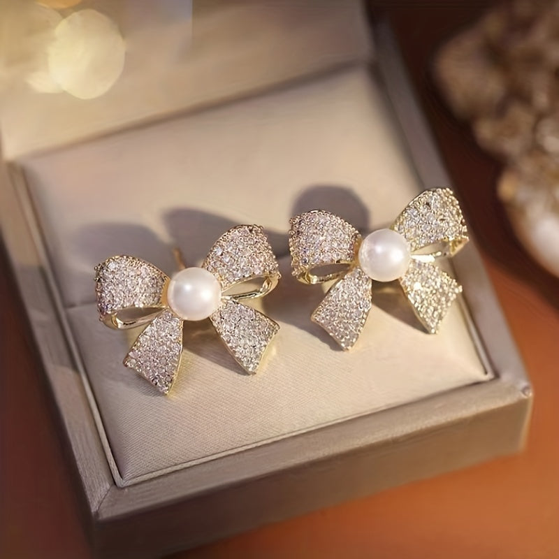 Pearl Accent Bow Decor Stud Earrings - Elegant Fashion Jewelry for Women with Personality - Hypoallergenic, Nickel-Free, and Comfortable to Wear