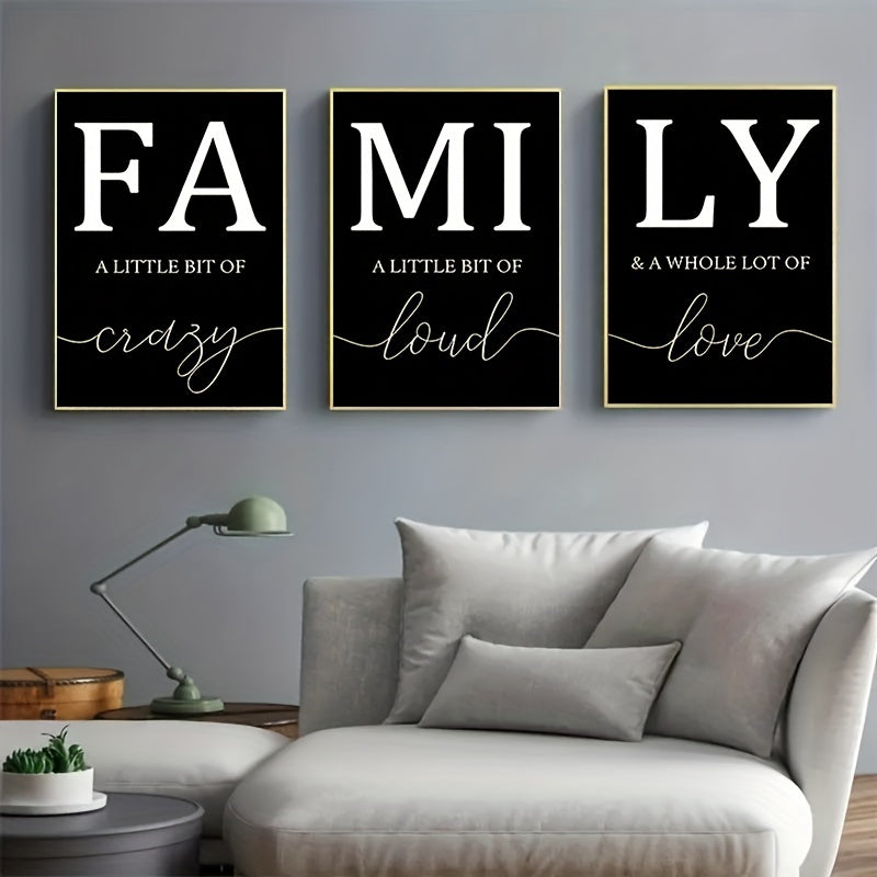Ensemble de 3 toiles murales minimalistes de luxe sans cadre – Tableaux décoratifs pour salon – Écriture familiale sans cadre