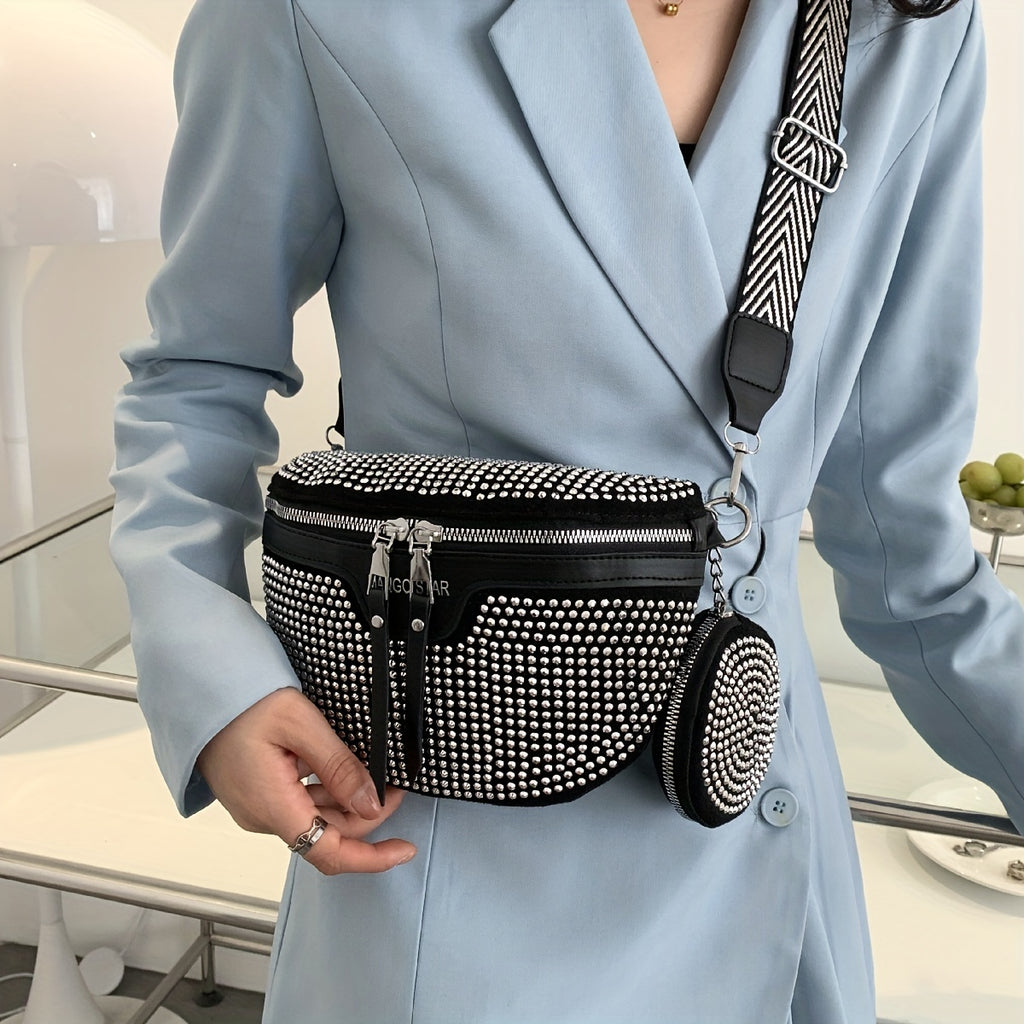 Rhinestone Waist Bag With Coin Purse, Fashion Crossbody Bag, Women's Glitter Chest Bag for Carnaval Music Festival