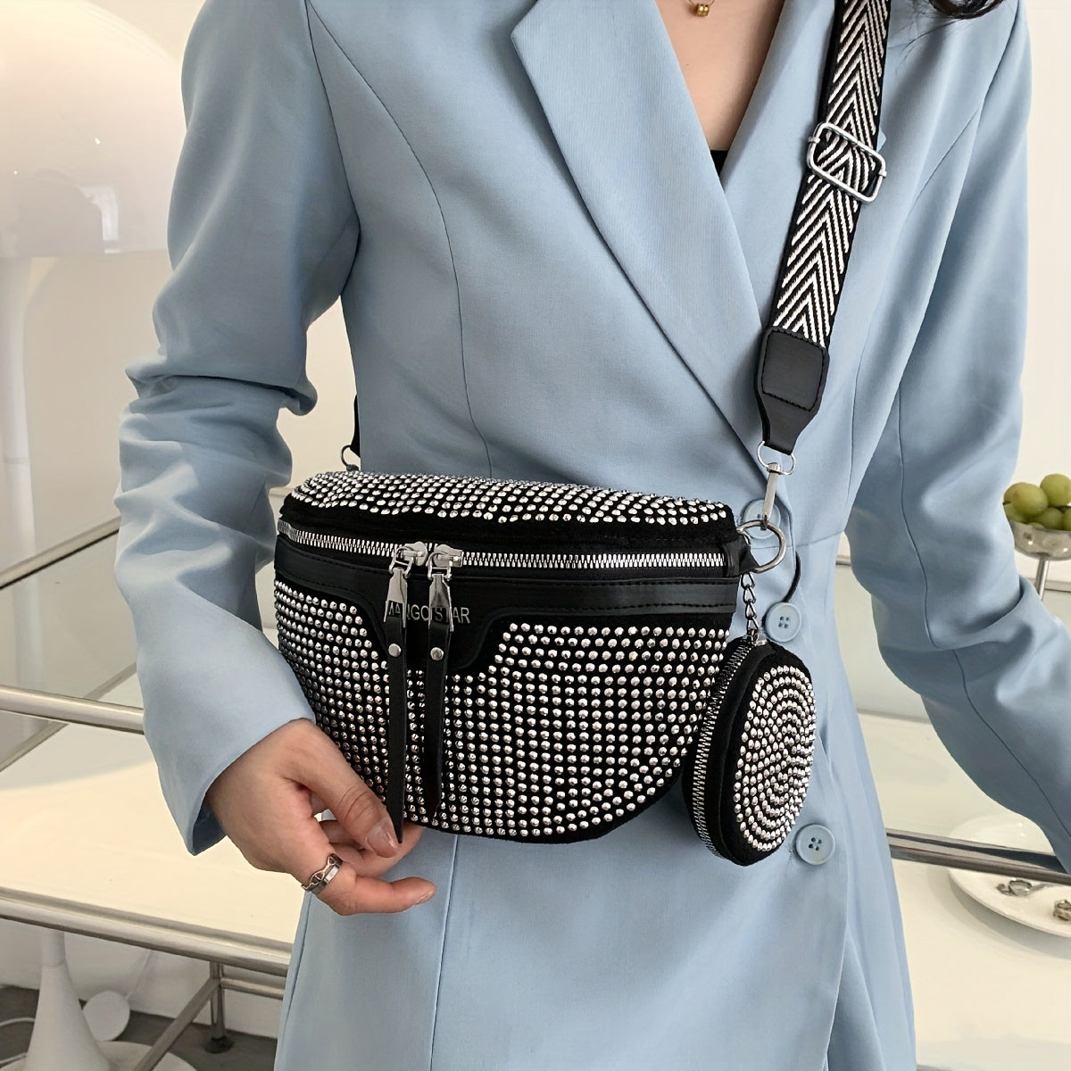 Rhinestone Waist Bag With Coin Purse, Fashion Crossbody Bag, Women's Glitter Chest Bag for Carnaval Music Festival