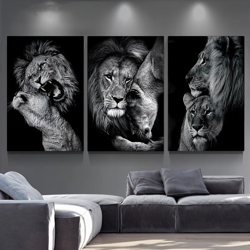 [3pcs Modern Art Canvas Poster] 3pcs Unframed Canvas Poster, Modern Art, Animal Family Poster, Lion Family Poster, Ideal Gift For Bedroom Living Room Corridor, Wall Art, Wall Decor, Winter Decor, Room Decoration