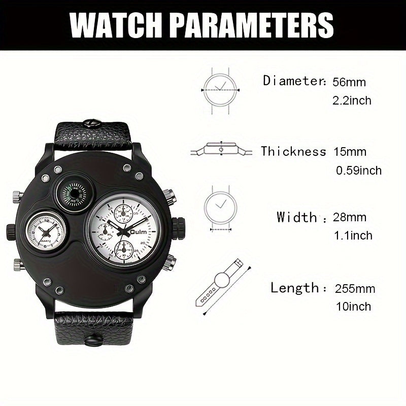 Oulm Mens Dual Time Zone Quartz Watch - Bold Large Dial, Stylish Personality Design, Precise Movement, Comfortable Belt Strap - For Globetrotters & Fashion Enthusiasts