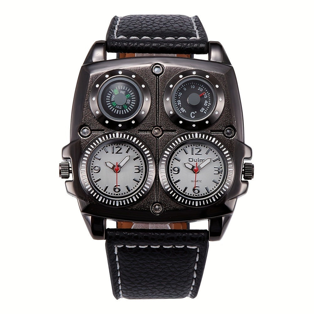 Oulm Large Dial Fashion Casual Men's Watch, Men's Sports Watch Dual Time Zone Compass Thermometer Men's Quartz Watch, Ideal choice for Gifts
