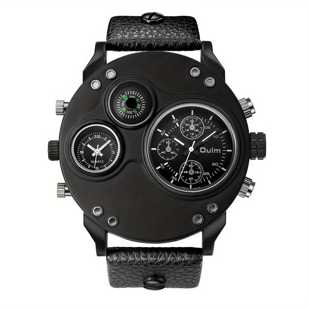 Oulm Mens Dual Time Zone Quartz Watch - Bold Large Dial, Stylish Personality Design, Precise Movement, Comfortable Belt Strap - For Globetrotters & Fashion Enthusiasts