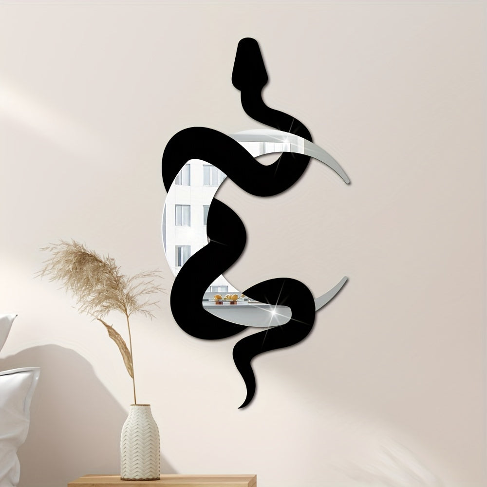 Wooden Snake And Mirror Crescent Wall Decor Earthy Room Wall Decor Floral Snake Wall Art Boho Witchy Cute Wooden Snake Decor Aesthetic For Home Living Room Bathroom Bedroom Hallway