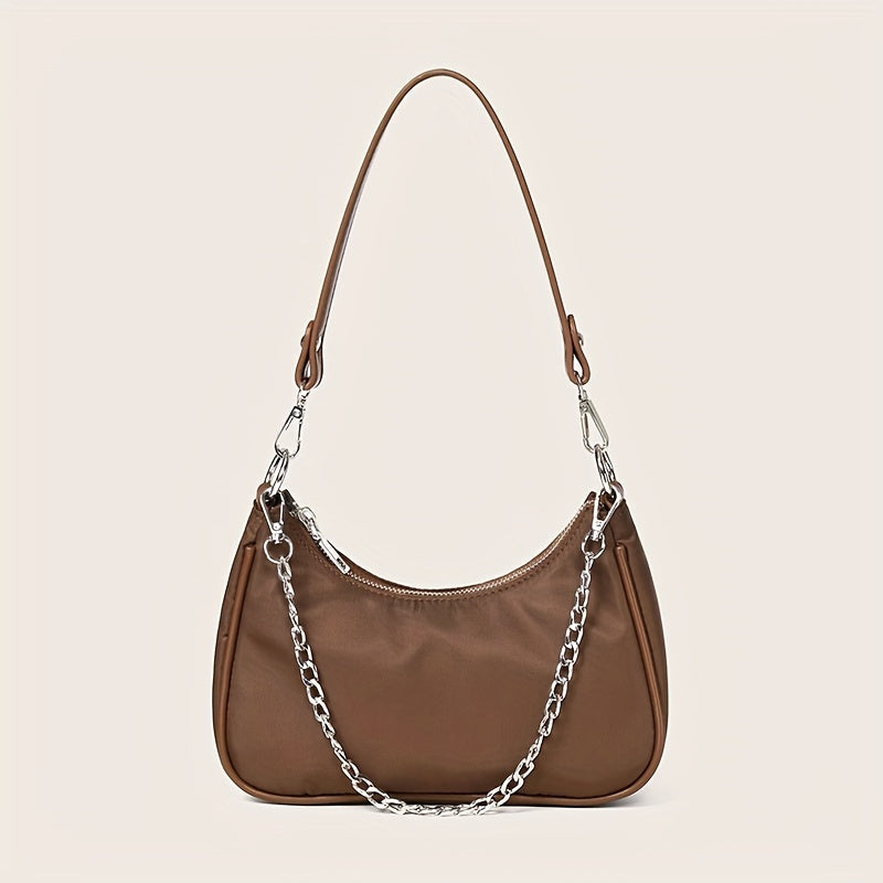 Y2K Chic Chain Baguette Bag - Stylish Nylon Shoulder Purse - Durable & Versatile for Everyday Fashion - Solid Colors for the Fashion-Forward Woman