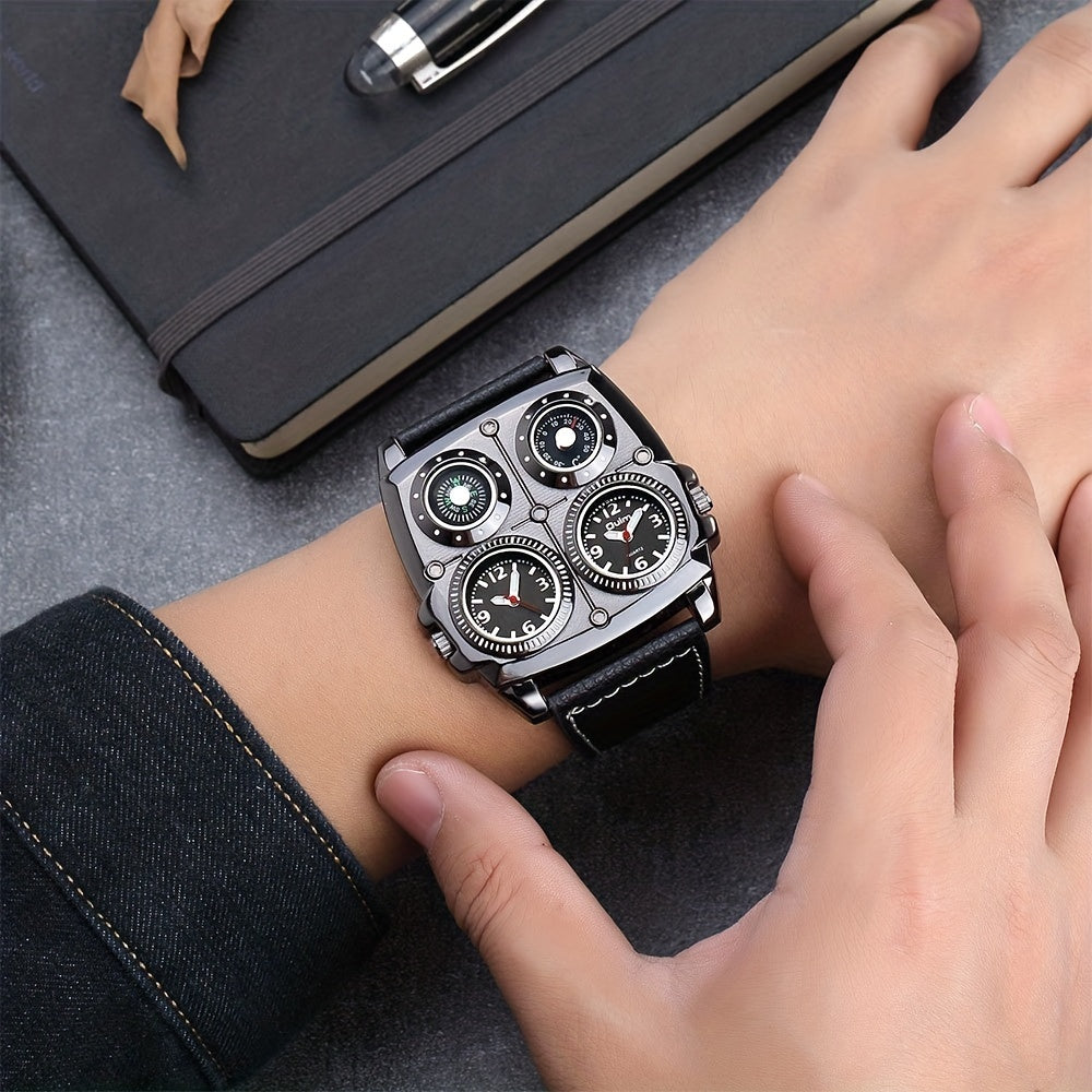 Oulm Large Dial Fashion Casual Men's Watch, Men's Sports Watch Dual Time Zone Compass Thermometer Men's Quartz Watch, Ideal choice for Gifts