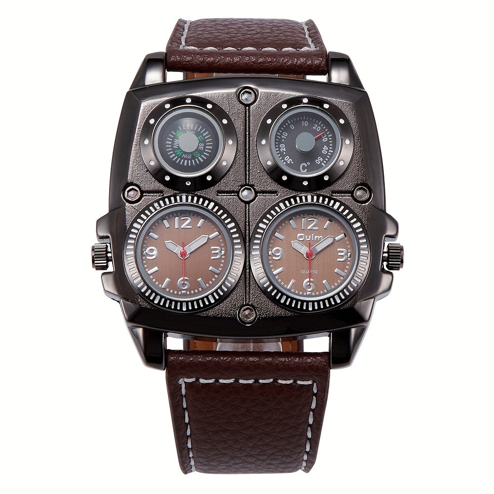 Oulm Large Dial Fashion Casual Men's Watch, Men's Sports Watch Dual Time Zone Compass Thermometer Men's Quartz Watch, Ideal choice for Gifts