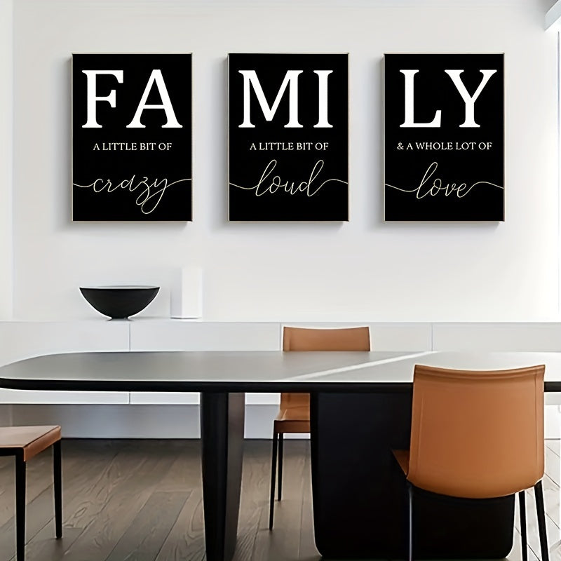 Ensemble de 3 toiles murales minimalistes de luxe sans cadre – Tableaux décoratifs pour salon – Écriture familiale sans cadre