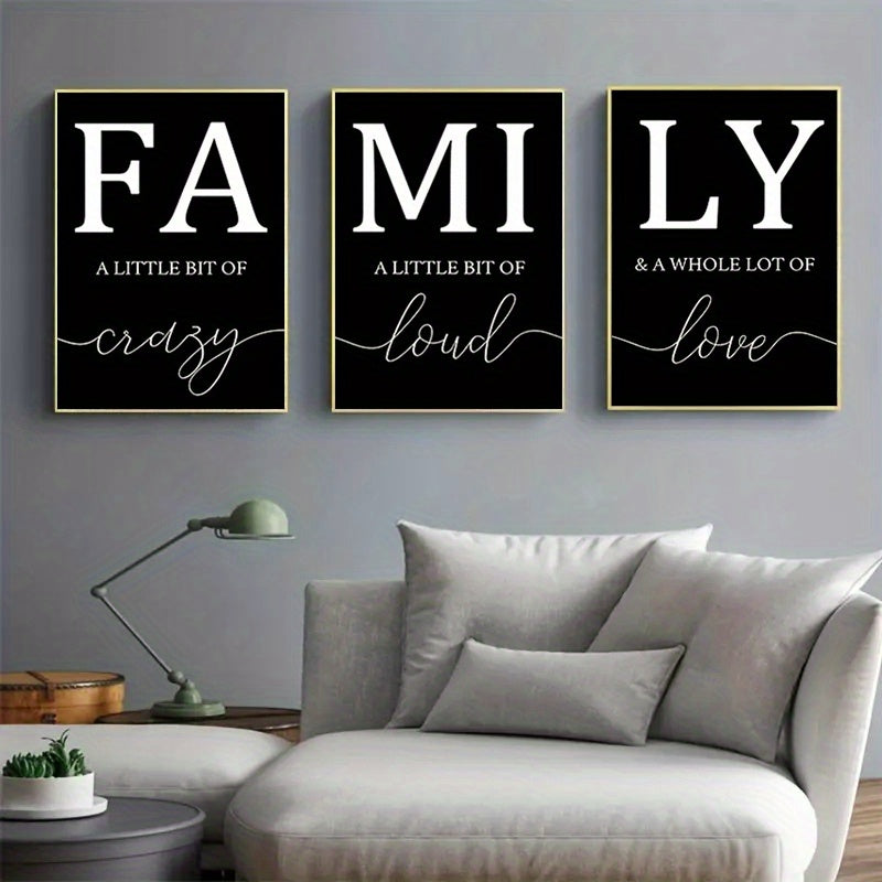 Ensemble de 3 toiles murales minimalistes de luxe sans cadre – Tableaux décoratifs pour salon – Écriture familiale sans cadre