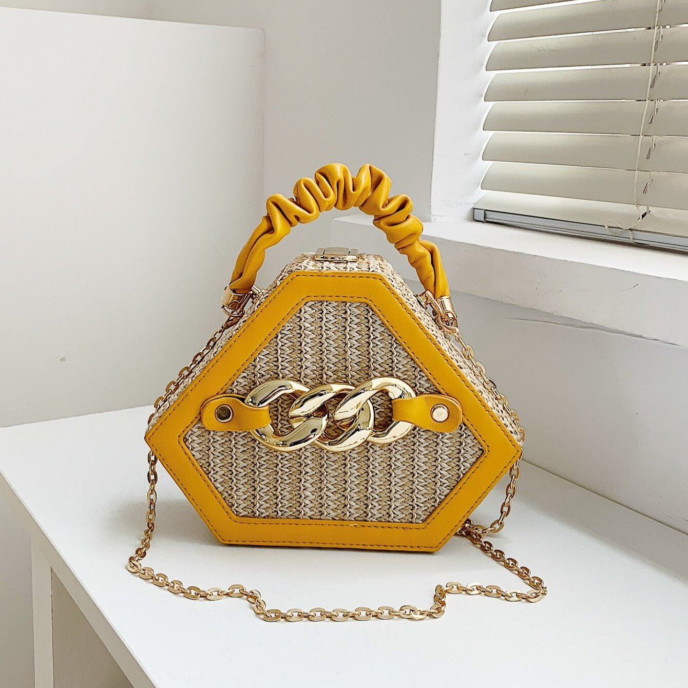 Trendy Chain Shoulder Bag, Fashion Top Handle Straw Box Bag, Women's Vacation Style Purse