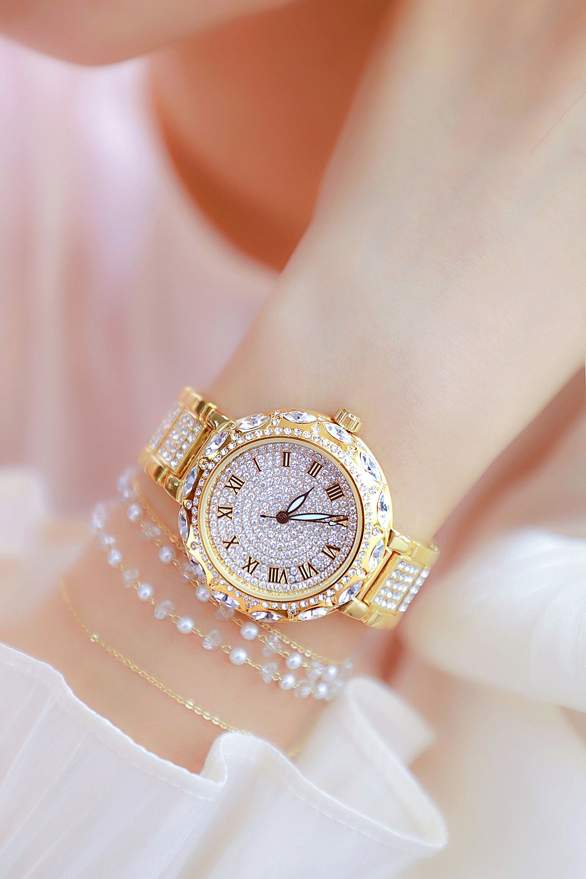 Radiant Quartz Womens Bracelet Watch - Sparkling Rhinestone Inlaid, Roman Numeral Dial, Elegant & Chic Design for Fashion-Forward Ladies