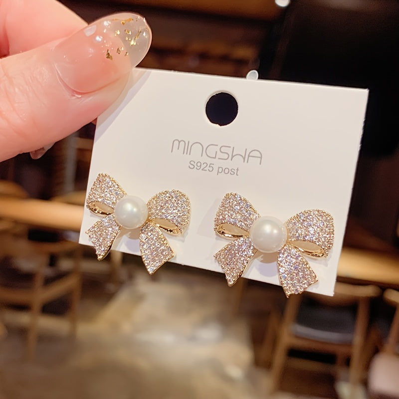 Pearl Accent Bow Decor Stud Earrings - Elegant Fashion Jewelry for Women with Personality - Hypoallergenic, Nickel-Free, and Comfortable to Wear