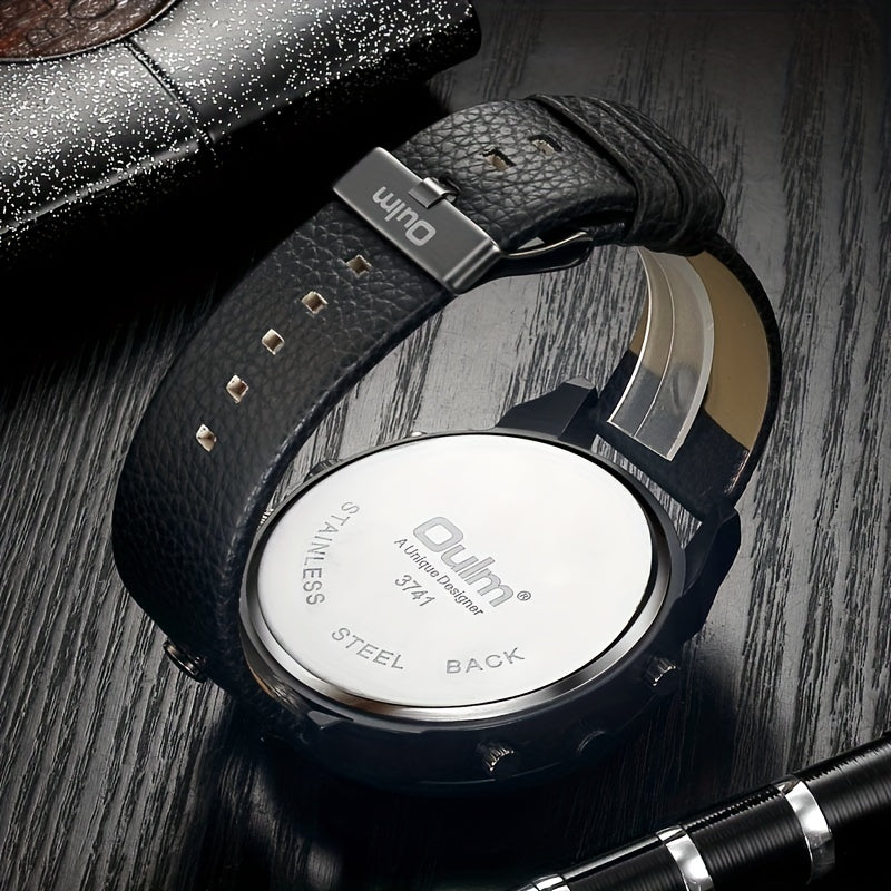 Oulm Mens Dual Time Zone Quartz Watch - Bold Large Dial, Stylish Personality Design, Precise Movement, Comfortable Belt Strap - For Globetrotters & Fashion Enthusiasts