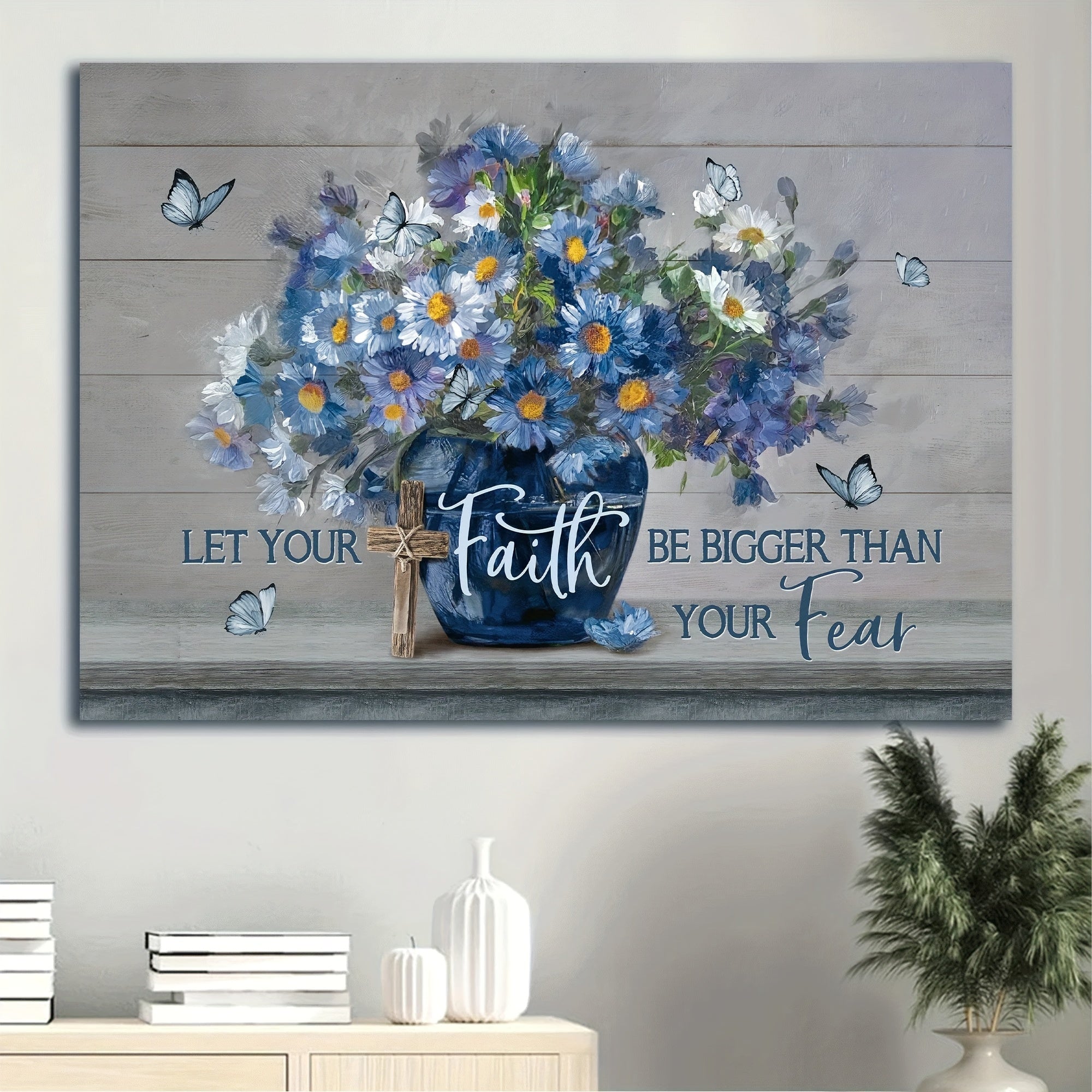 1pc Let Your Faith Be Bigger Than Your Fear - Unique Blue Flower and Butterfly Landscape Canvas Wall Art - Perfect Gift for Christian Believers - No Frame Required