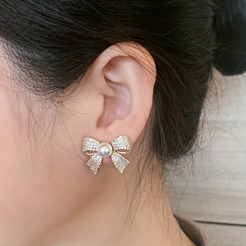Pearl Accent Bow Decor Stud Earrings - Elegant Fashion Jewelry for Women with Personality - Hypoallergenic, Nickel-Free, and Comfortable to Wear