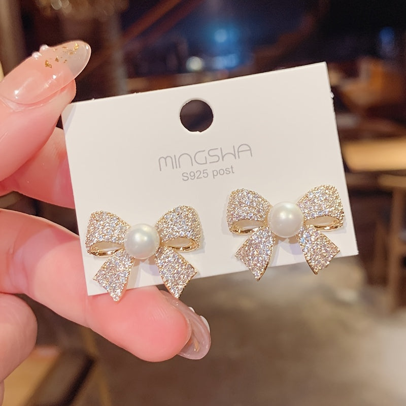 Pearl Accent Bow Decor Stud Earrings - Elegant Fashion Jewelry for Women with Personality - Hypoallergenic, Nickel-Free, and Comfortable to Wear